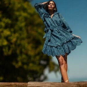 Cleobella Fiona Blue Long Sleeve Ruffle Collar Eyelet Ruffle Skirt Mini Dress Lg